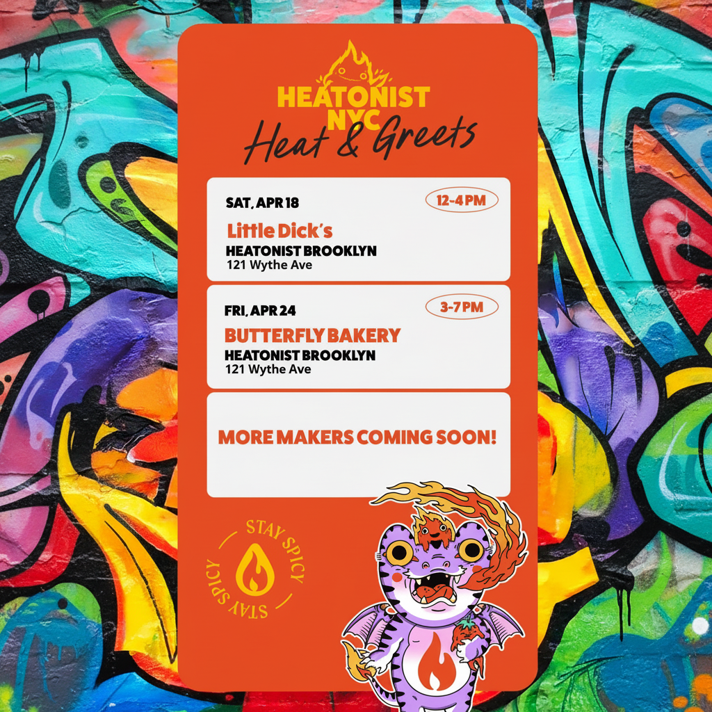 Promotional flyer for Heat & Greets event with colorful background and cartoon character.